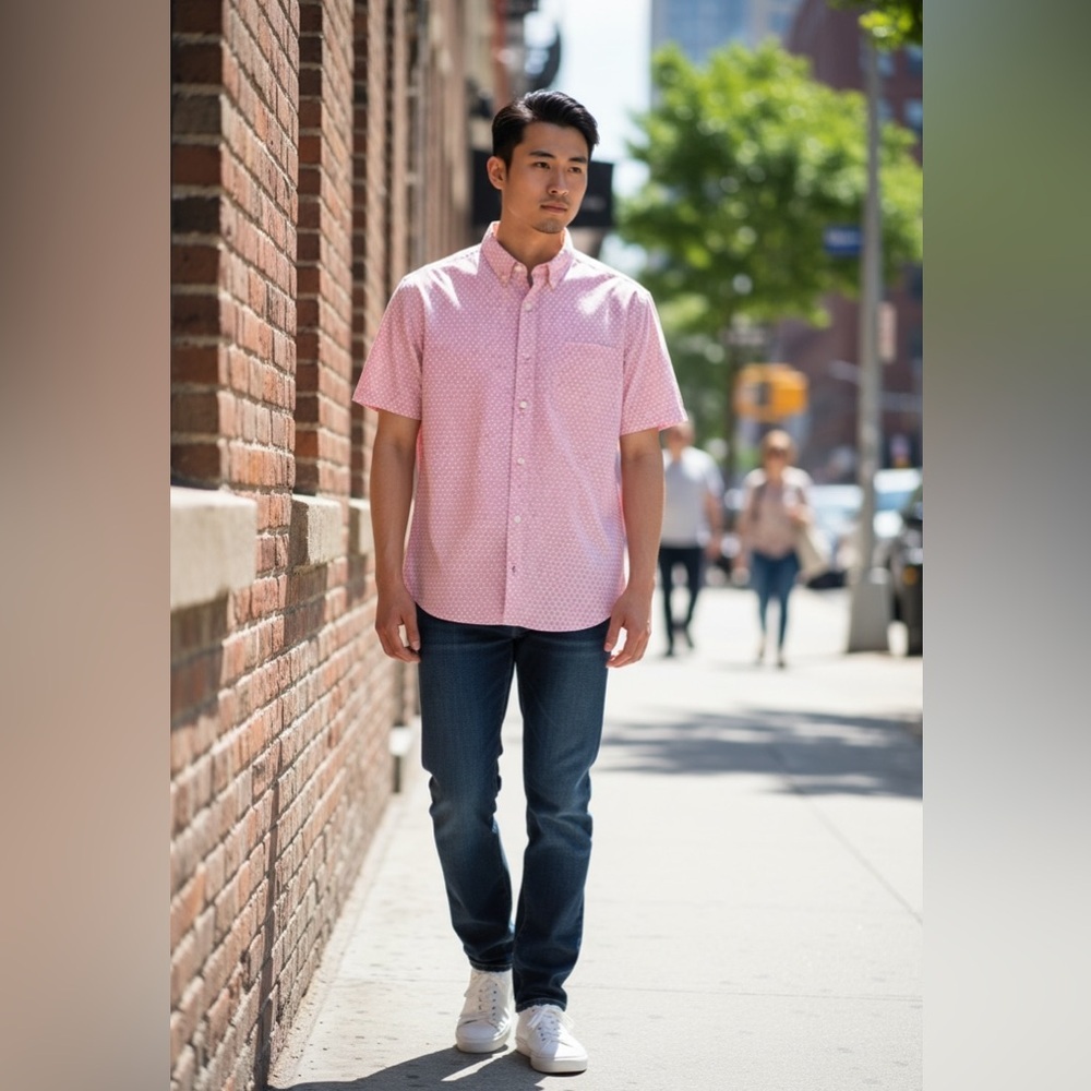 Faherty Men's Short Sleeve Pink Fish Scale Buttonup Shirt